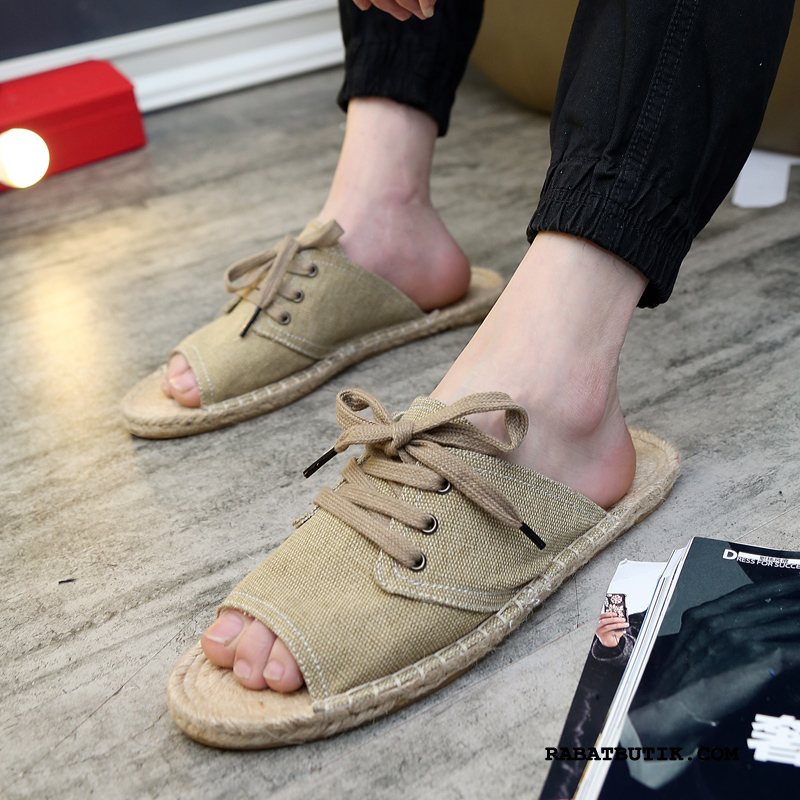 Hjemmesko Herre Billig Vintage Lærred Halm Sandaler Af Personlighed Khaki