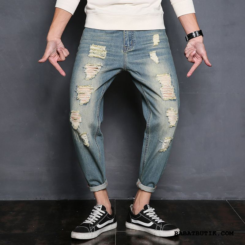 Jeans Herre Billige Med Huller Store Størrelser Bukser Vintage Unge Cyan Blå