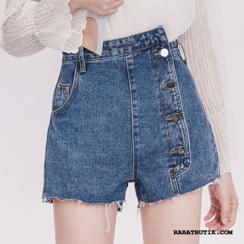 Shorts Dame Rabat Uregelmæssig Denim Studerende Med Knapper Hot Bukser Blå