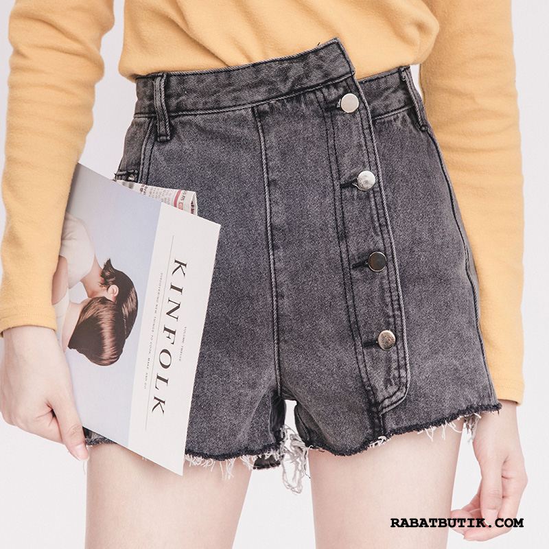 Shorts Dame Rabat Uregelmæssig Denim Studerende Med Knapper Hot Bukser Blå