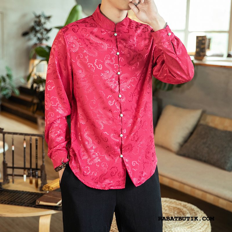 Skjorter Herre Butik Kinesisk Stil Dragon Mønster Vintage Tryk Mænd Rød