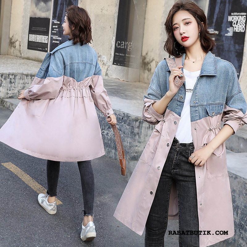 Trenchcoat Dame Billige Personlighed Simple Denim Mode Splejsning Pink Blandede Farver