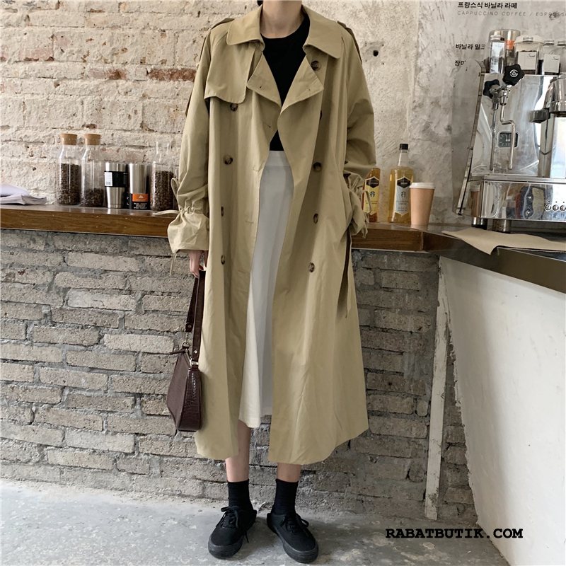 Trenchcoat Dame Online Efterår Stramme Lange Ærmer Revers Vintage Khaki