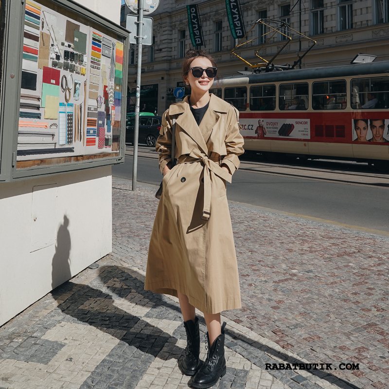 Trenchcoat Dame Salg Lige 2019 Elegante Med Knapper Efterår Ren Khaki