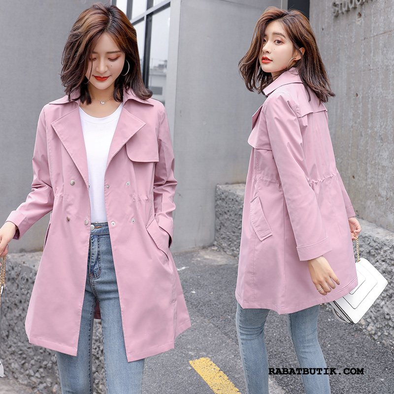 Trenchcoat Dame Tilbud Tynde Simple 2019 Efterår Med Knapper Pink Ren